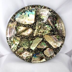 VTG Abalone Shell Round Trivet Black Base 8-Inch Handcrafted Betty's Shells